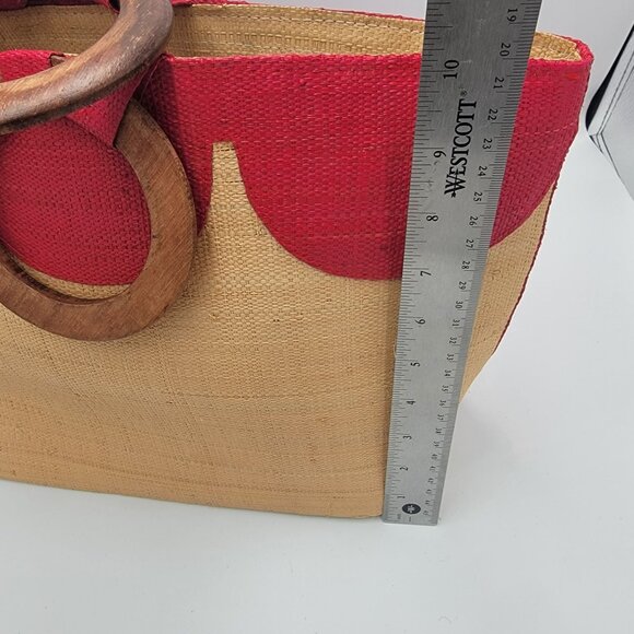 Natural Jute Tote Bag With Red Scallop Design & Wooden Ring Handles - Picture 16 of 16